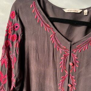 Soft Surroundings Women's Top - Brown with Pink Embroidery with Beading